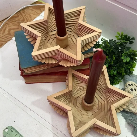 Tramp-art inspired Star-Shaped Wooden Candle Holders - Picture 2 of 8